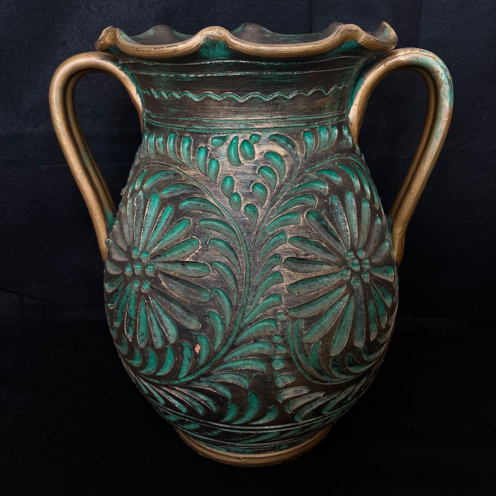 F 陶器製 壺 花瓶 傘立て つぼ 花器 高さ45cm グリーン×ゴールドF25092612