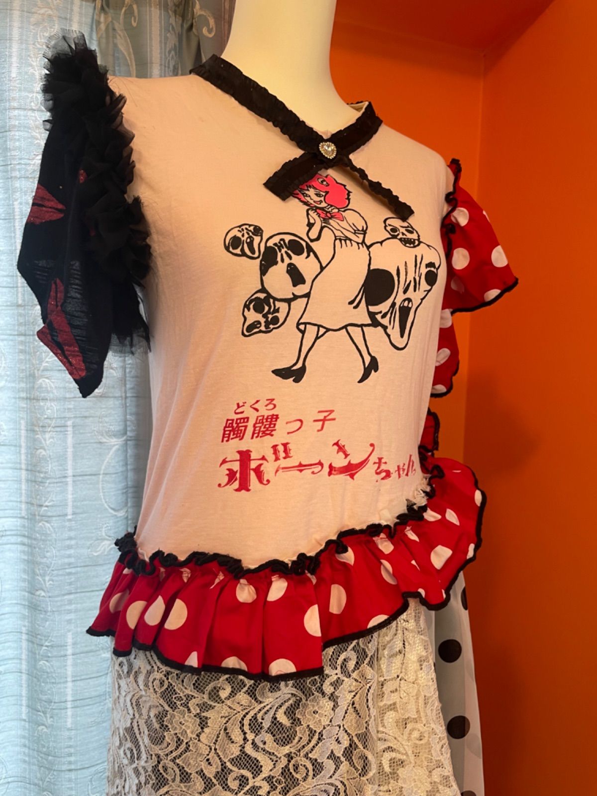 古着リメイク 髑髏っ子ボーンちゃんドレス ホラー漫画 ピンク