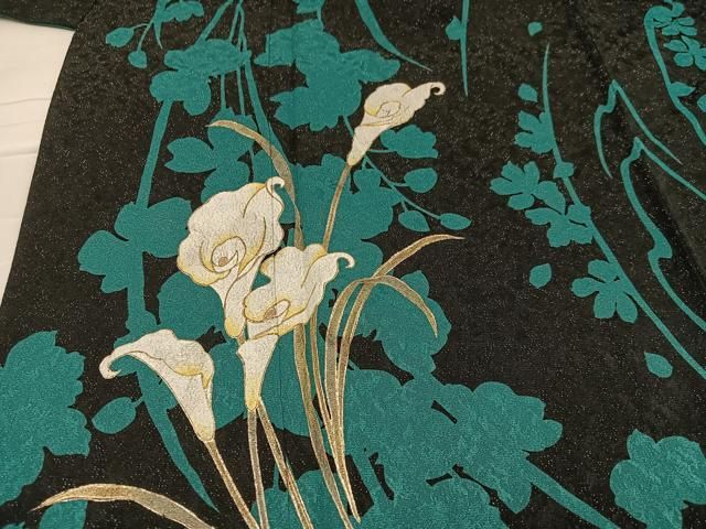 平和屋着物●豪華振袖　枝花文　黒地　金彩　金通し地　正絹　逸品　AABB5084ph 平和屋着物○豪華振袖 枝花文 黒地 金彩 金通し地 正絹 逸品