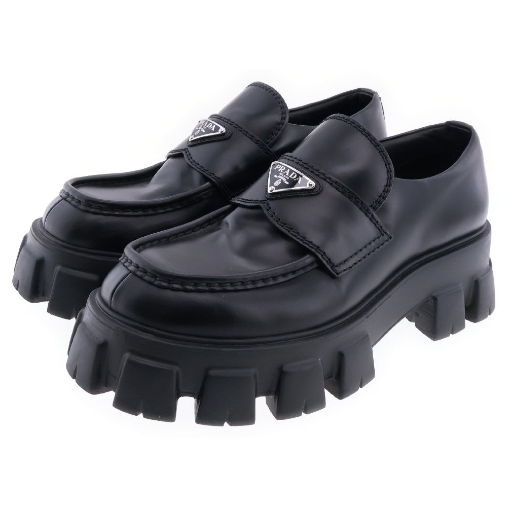 【PRADA】ロゴ Monolith レザー トライアングル ローファー 靴 プラダ モノリス パテントレザー ローファー 35.5 レディース