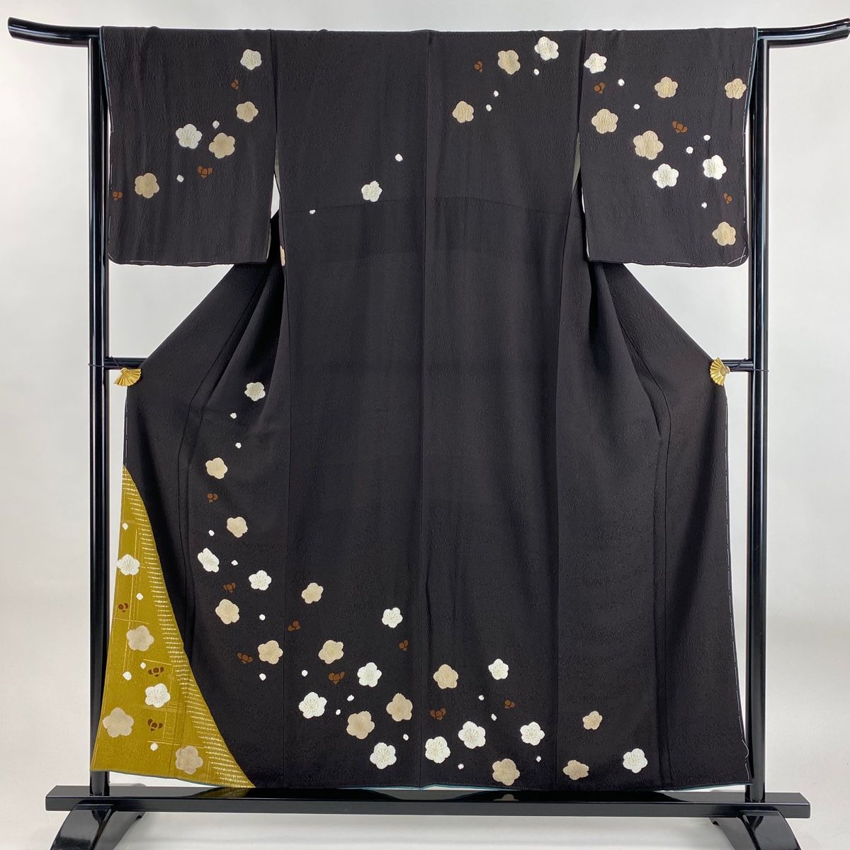 訪問着 身丈156.5cm 裄丈64cm M 袷 梅 幾何学模様 金彩 絞り 茶紫 正絹 秀品