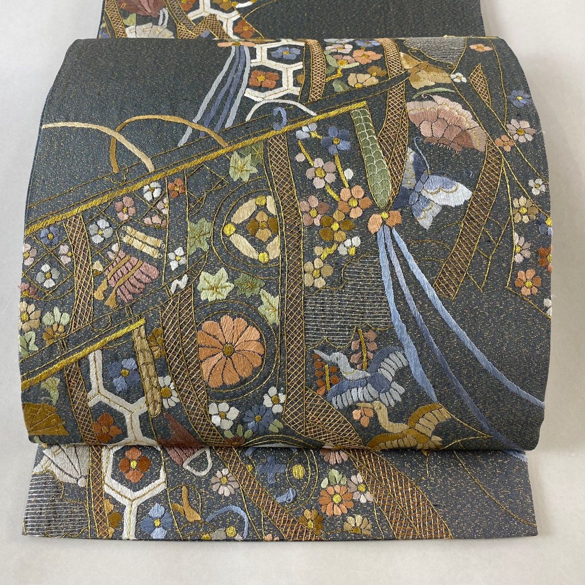 袋帯 几帳 花鳥 刺繍 金糸 灰緑 六通 正絹