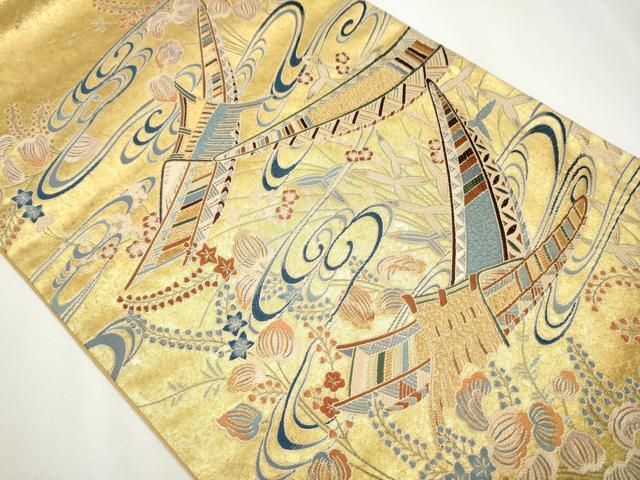 平和屋着物 東京友禅 熊谷好博子 太鼓柄袋帯 船 流水草花文 金糸 引箔 正絹 CAAY2484hy