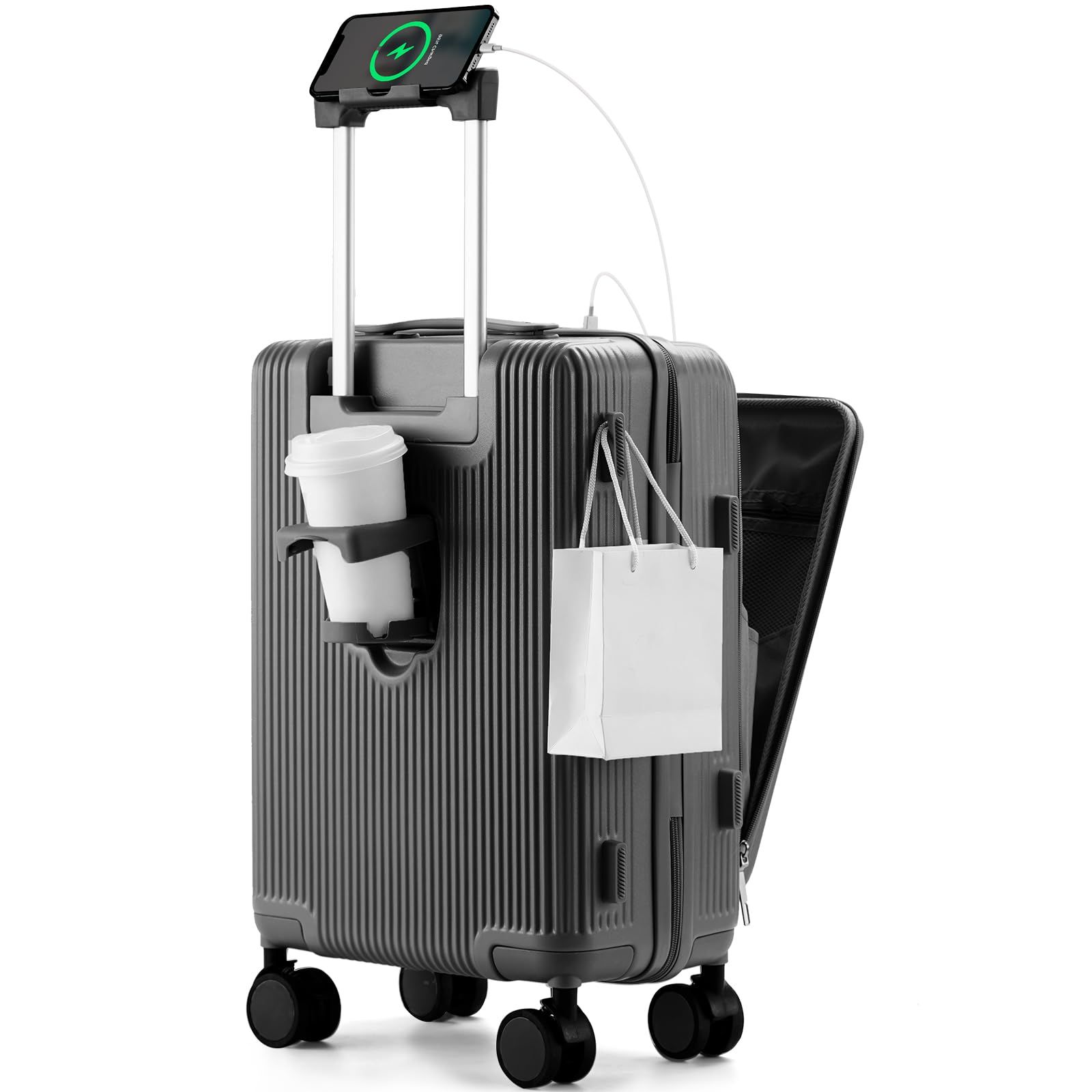 前開き スーツケース 機内持ち込み キャリーケース パソコン収納ポケット USBポート付き カップホルダー付き キャリーケース 超軽量 360度回転 耐衝撃 ック 静音 旅行 ビジネス 出張 1泊2泊3泊 ブラック