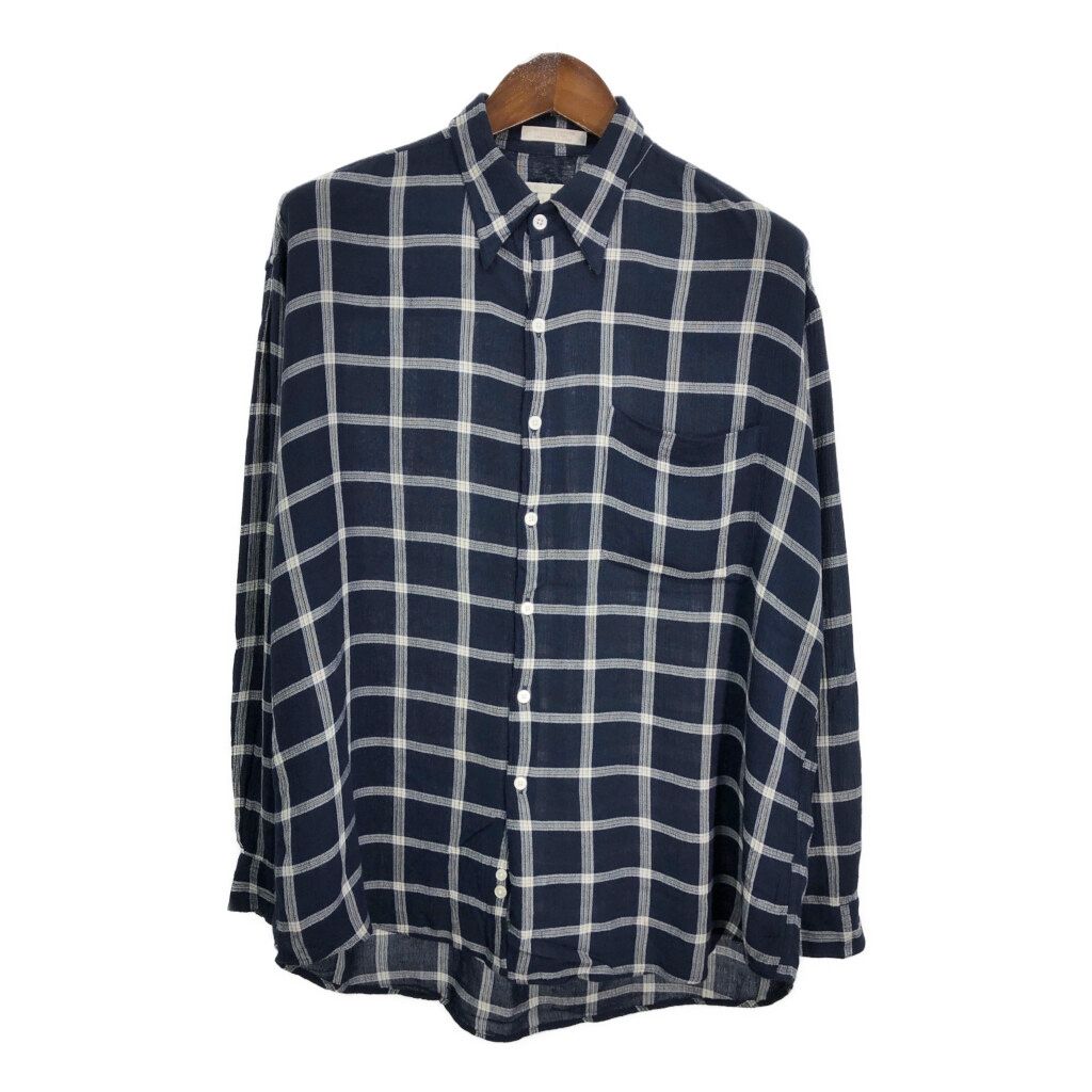 90年代 PERRY ELLIS ペリー エリス レーヨン 長袖シャツ チェック ネイビー (メンズ L) 中古 古着 S0828