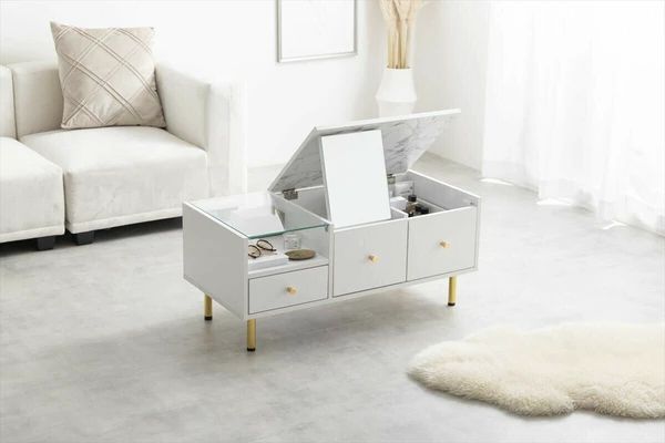 大理石柄 ドレッサーテーブル 鏡付センターテーブル 収納 おしゃれ かわいい