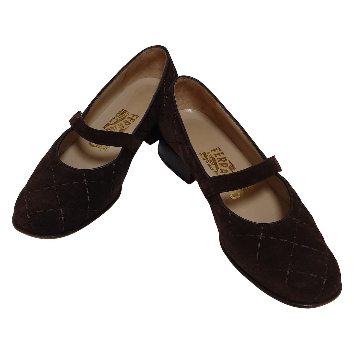 偉大な FERRAGAMO SalvatoreFerragamo サルバトーレフェラガモ シューズ 6 C レディース - ダークブラウン ステッチ チェック柄 即発送