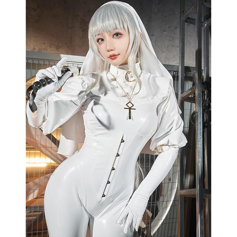 在庫 Miccostumes レディース 大人 かっこいい かわいい Chowbie 修道女風 Nun シスター 小悪魔 悪魔 魔女 ボディスーツ レオタード コスプレ コスチューム 衣装 仮装 変身 変装 ホワイト XL 0