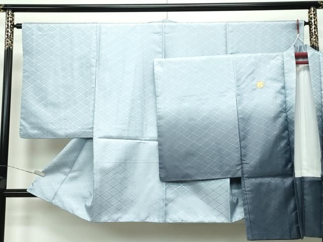 平和屋着物 上 男性 袴下着物 紋付き羽織セット 花菱地紋 青磁鼠色地 舞台衣装 洗える着物 CZAA3668s5