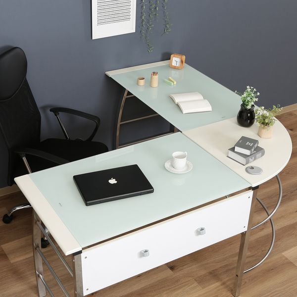 ガラスPCデスク L型 WH ホワイト 組立品 MARWIL-DEMENAGEMENTS_CH