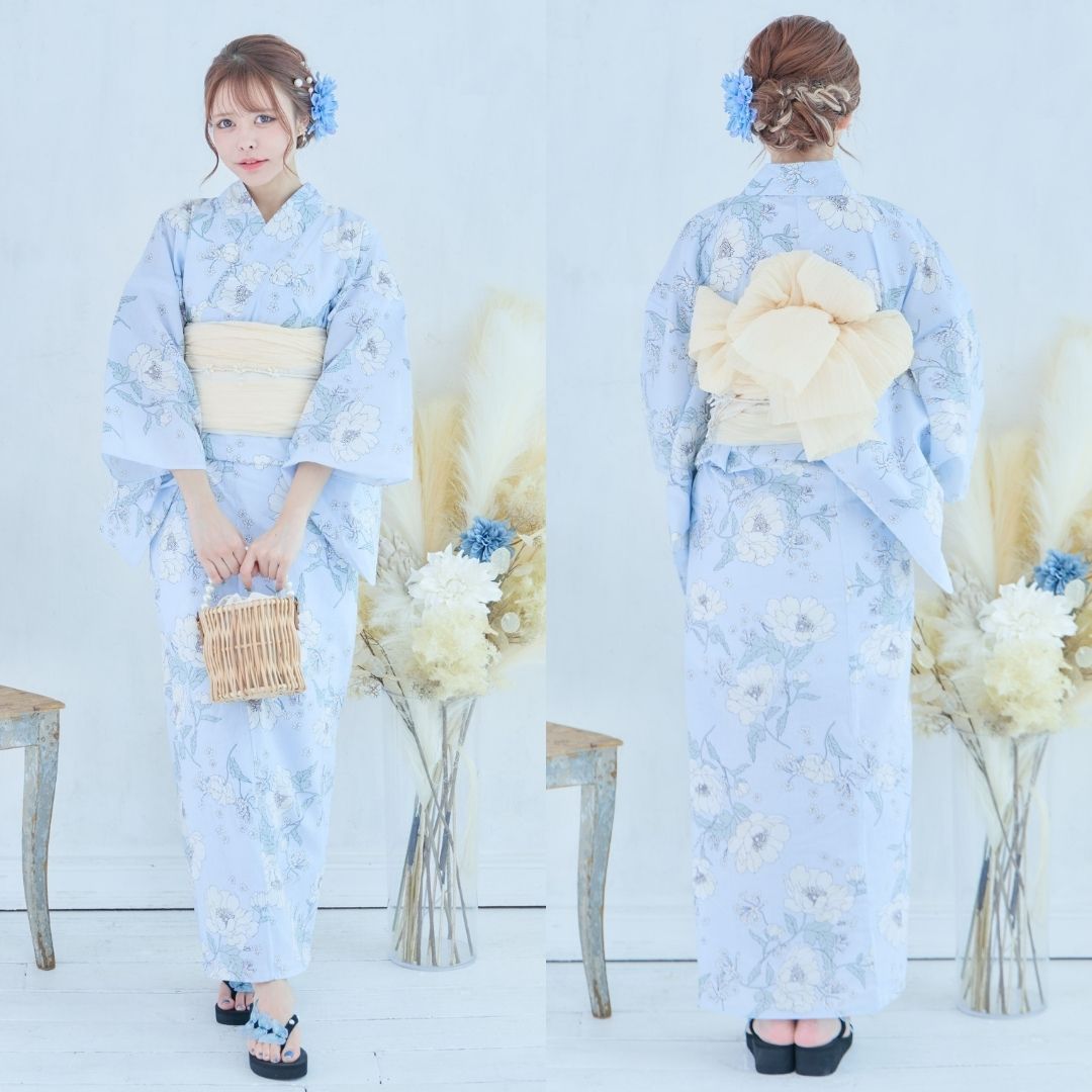新品 浴衣セット 花柄【ピンクパープル地/バニラ地/水色地3色展開】帯