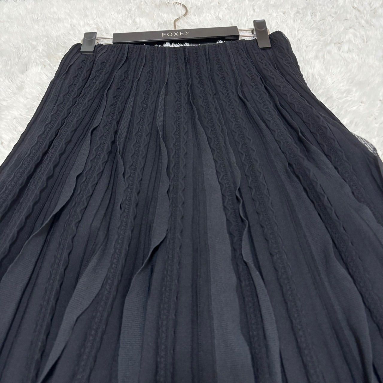 20年 FOXEY ニットプリーツスカート 波模様 フリル 41231 ブラック