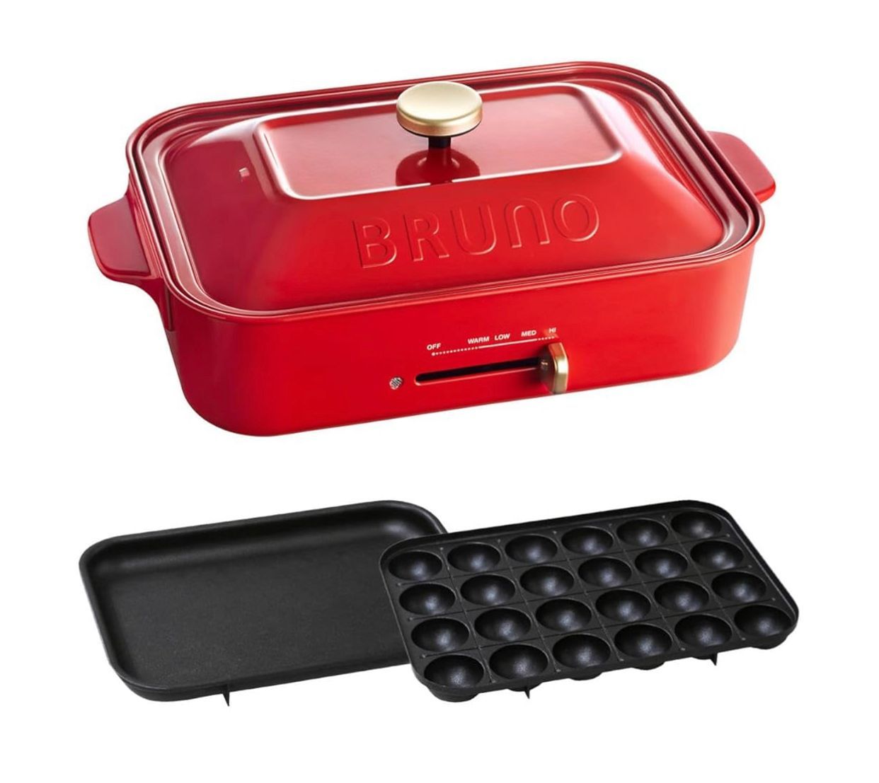 ◎I619【未使用】BRUNO ブルーノ コンパクトホットプレート レッド たこ焼きプレート 平プレート 1200W 蓋・木べら(ma)