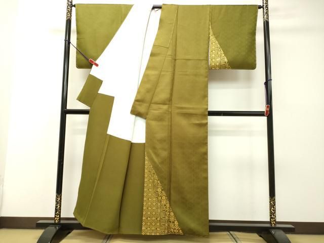 平和屋着物○訪問着 花唐草文 小葵地紋 鶯色 金糸 正絹 逸品 未使用  