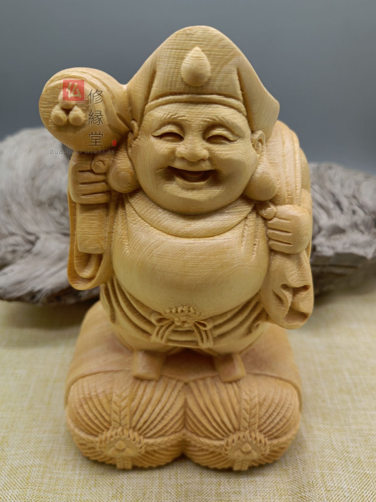 木彫り 三面大黒天立像 一刀彫 大迫力 木彫仏像 福神 仏教工芸品