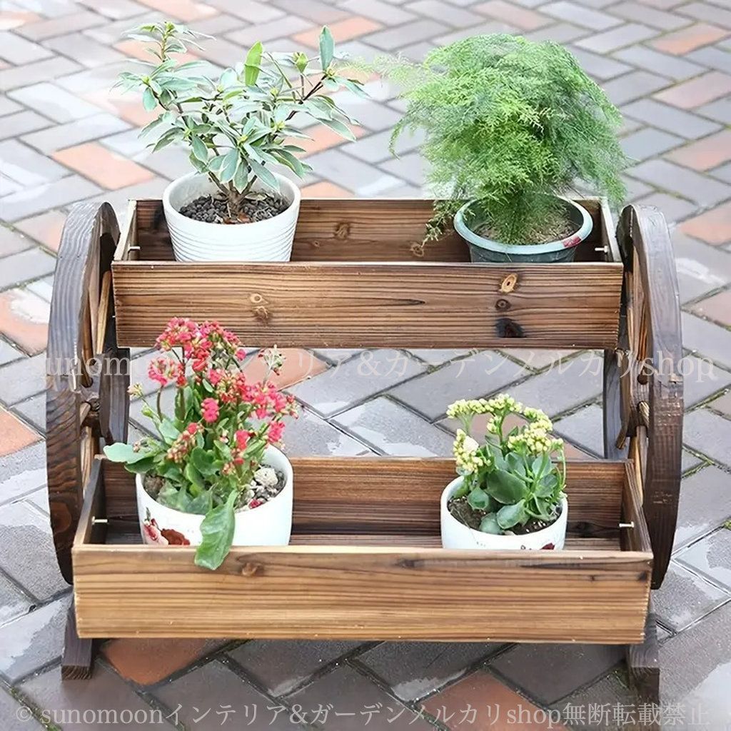 ヴィンテージ調 ガーデニング 庭の装飾 ガーデン 雑貨 ダブルホイール付き 植木鉢 鉢植え プランター おしゃれ 木製 4-7 ナチュラル インテリア 2段 ガーデン雑貨 ガーデンインテリア 木目 ラック お洒落