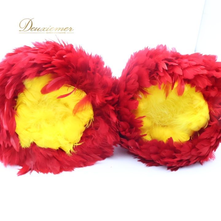 フラダンス ウリウリ マラカス 小物 小道具 楽器 レッド系 赤 イエロー系 黄色 民族舞踊 ダンス タヒチアンダンス 一体型 羽 ファー 舞台 イベント ウリウリ フラ ダンス小物 民族楽器 カラフル 発表会