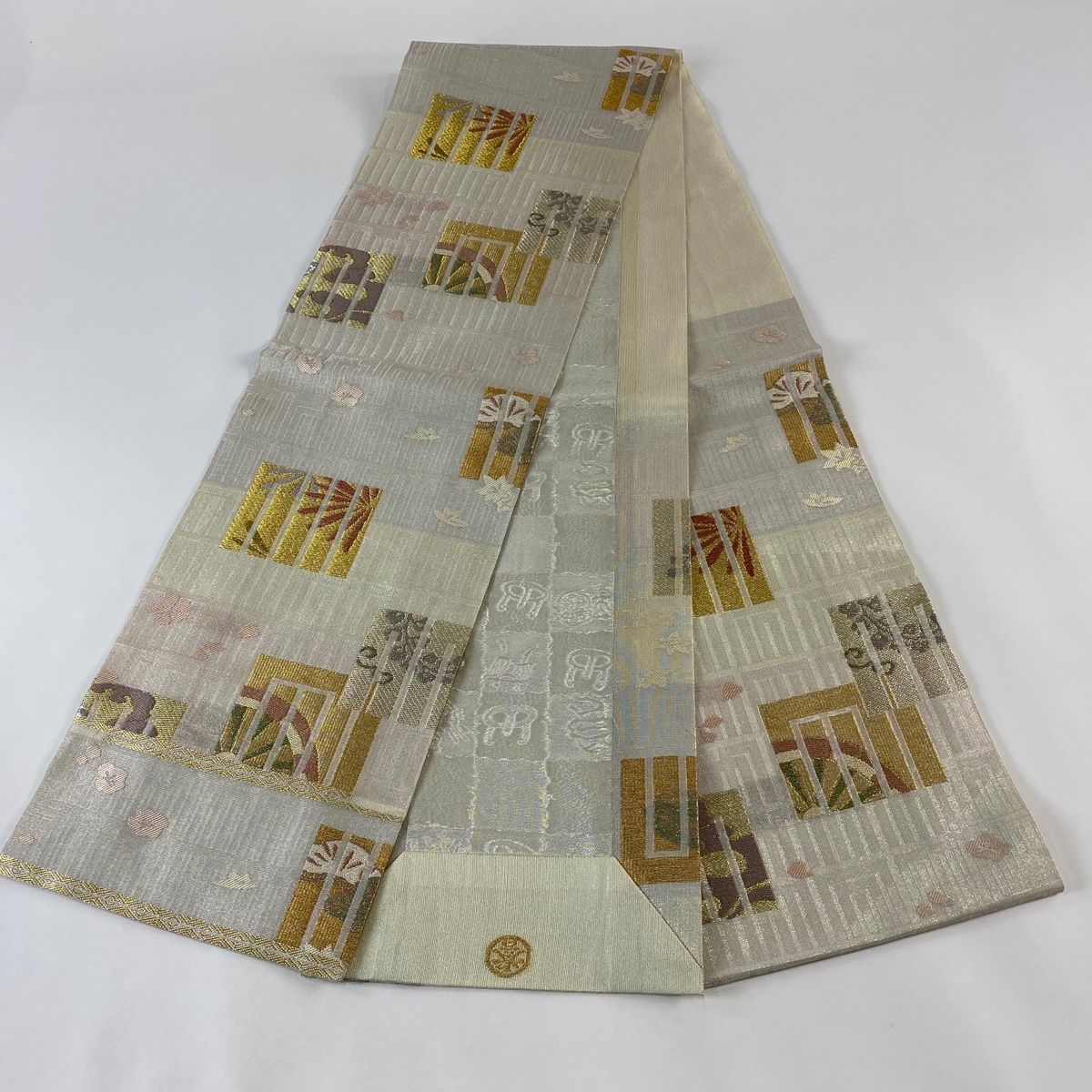 丸帯 未使用 正絹 六通 誉田屋源兵衛 七宝模様 箔糸 A1067-15 袋帯 美品 逸品 誉田屋源兵衛 落款 格子藤に松 金糸 箔 金色 六