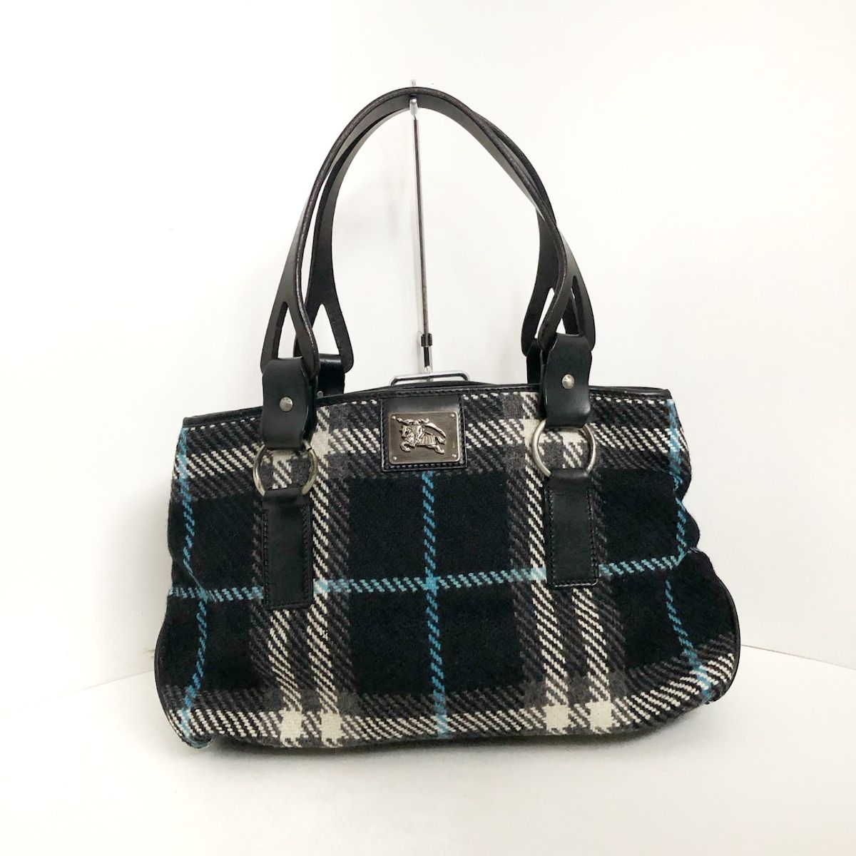 BURBERRY LONDON(バーバリーロンドン) トートバッグ - 黒×ブルー×アイボリー チェック柄 ウール×レザー