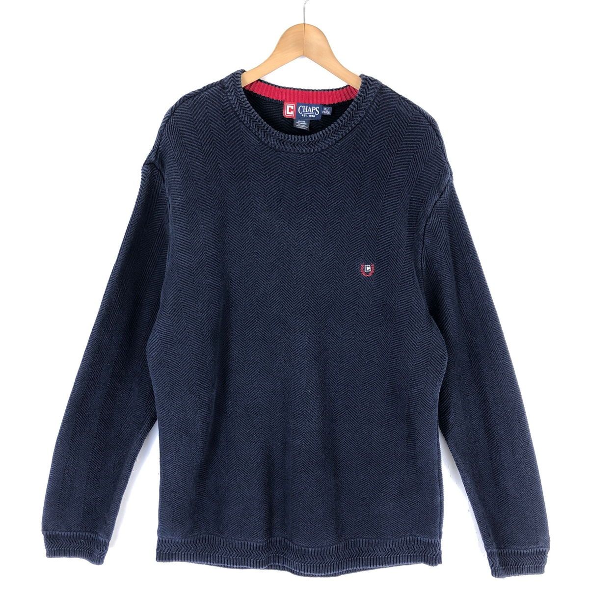 【古着】 CHAPS チャップス コットンセーター ヘリンボーン ワンポイント刺繍 ネイビー系 メンズXL 【中古】 n032211