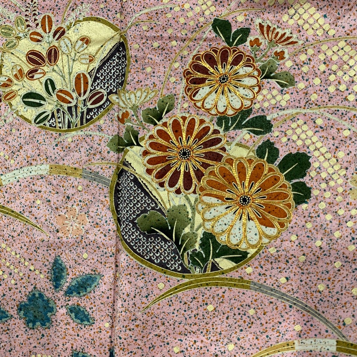 振袖 身丈159cm 裄丈67cm M 袷 団扇 草花 金糸 金彩 ピンク 正絹