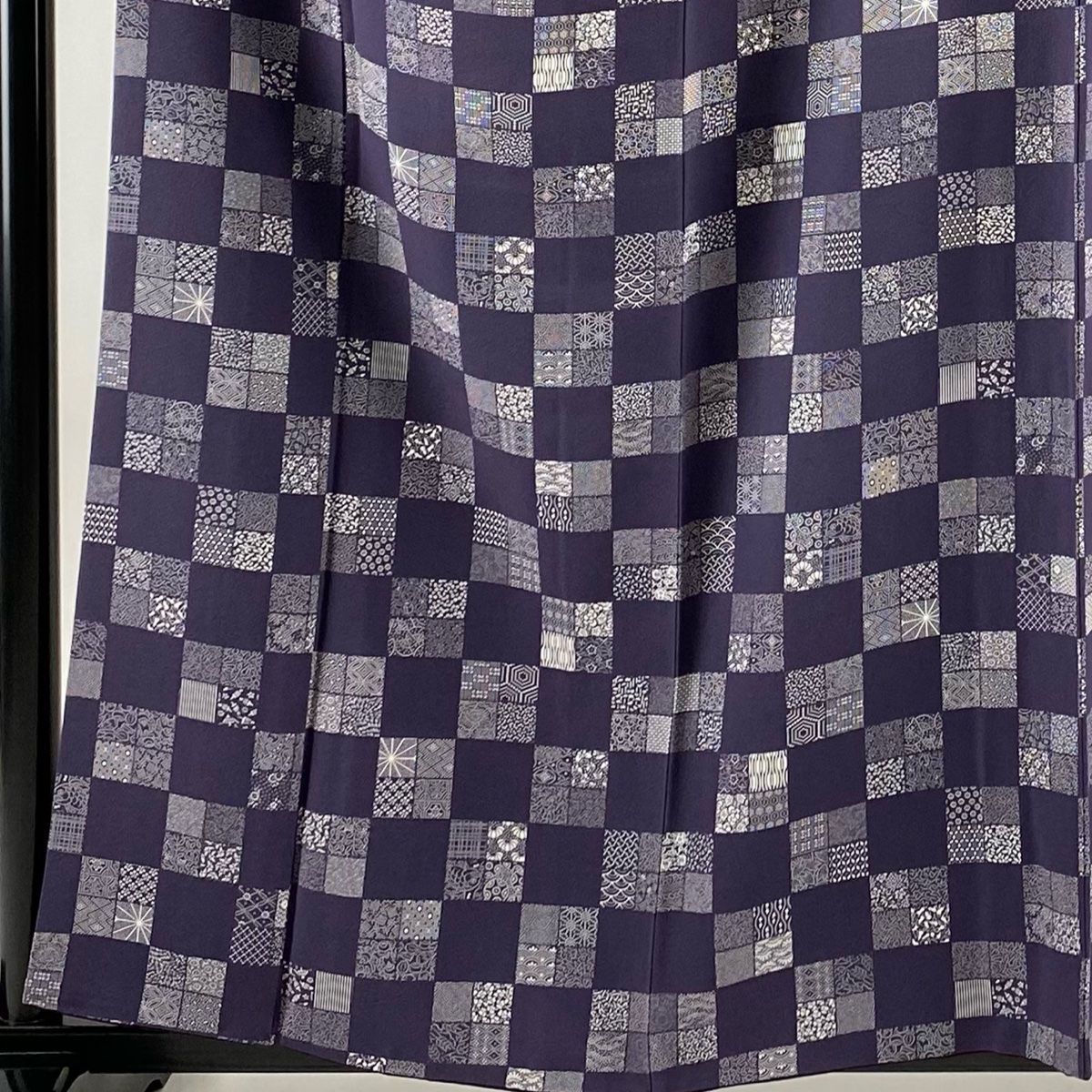 小紋 身丈160cm 裄丈65.5cm M 袷 ますいわ屋 市松 寄せ柄 紫 正絹 秀品 