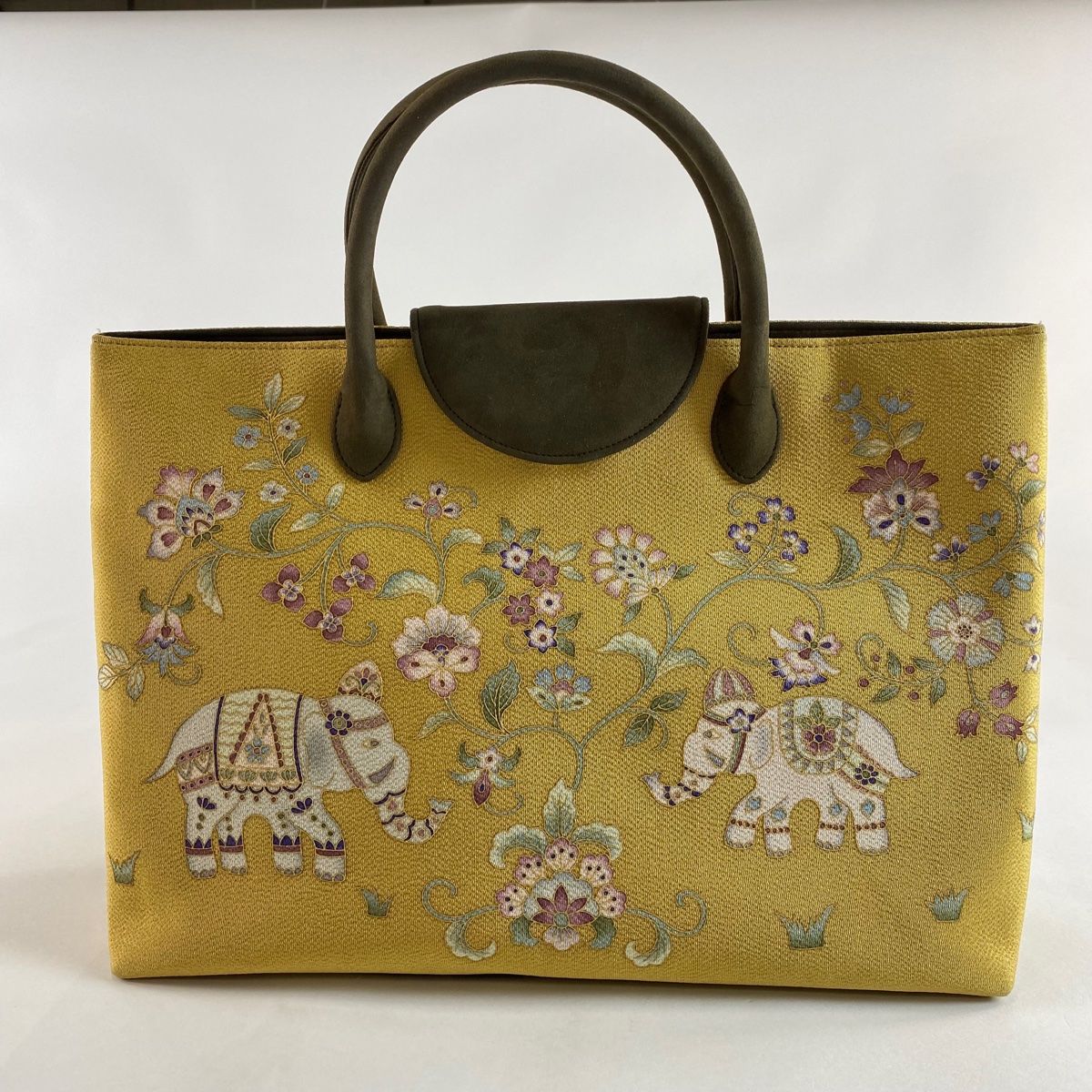 和装バッグ 美品 逸品 OKAJIMA 象 草花 金彩 縮緬 からし色 正絹