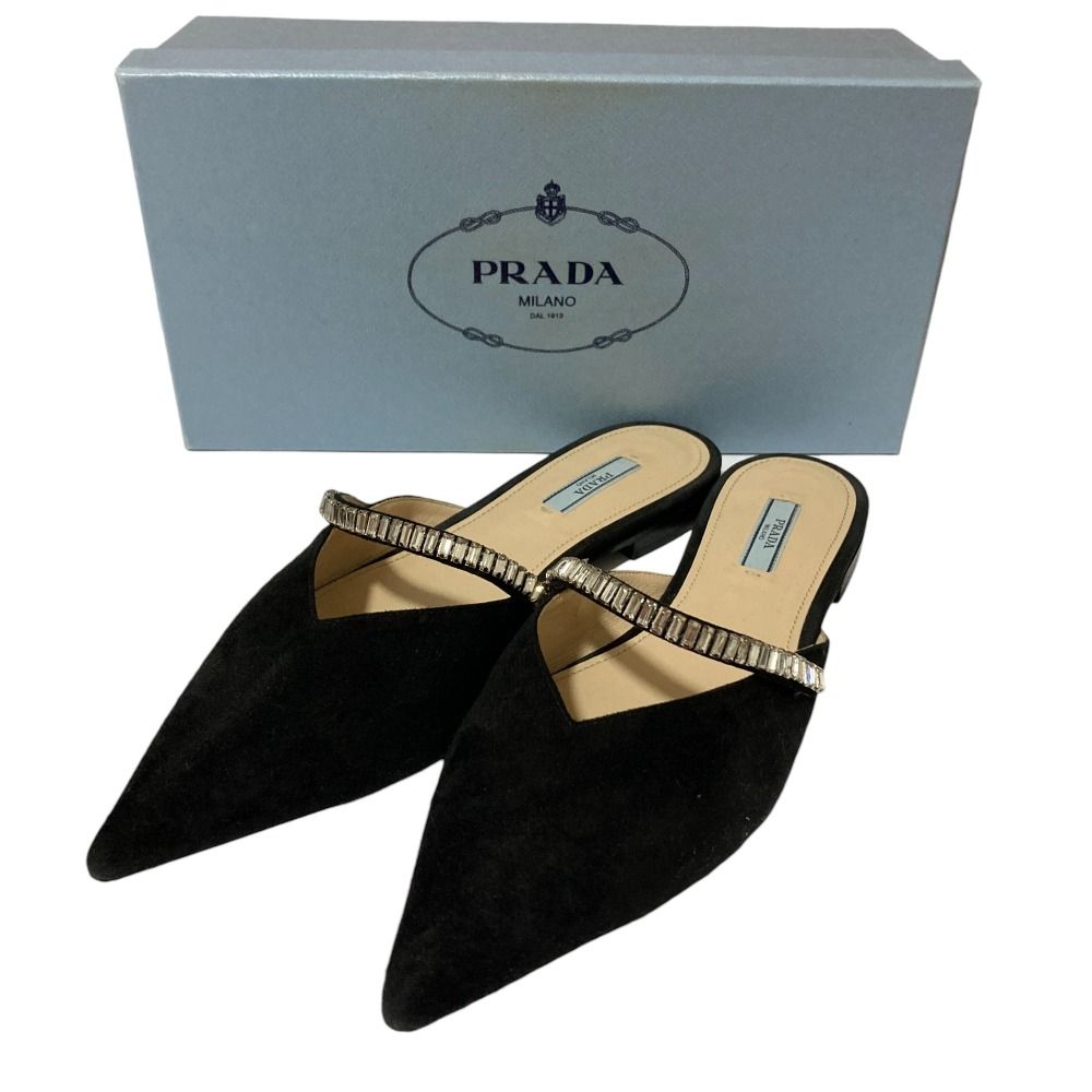 美品 PRADA プラダ ビジュー Vカット スエード ポインテッドトゥ