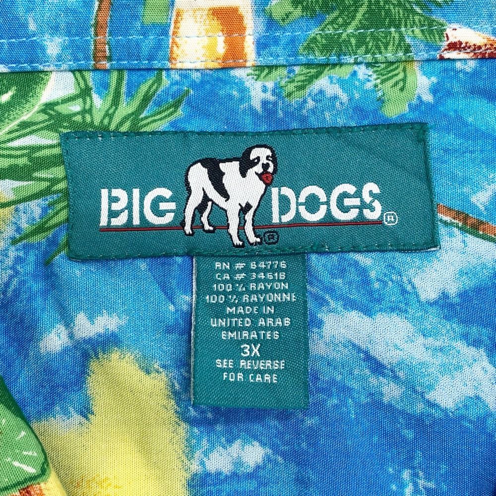トップスビッグ ドッグス BIG DOGS レーヨン アロハ シャツ 半袖 ハイビスカス・ヤシの木・植物・犬柄 総柄 サイズ：L ブルーグレー系