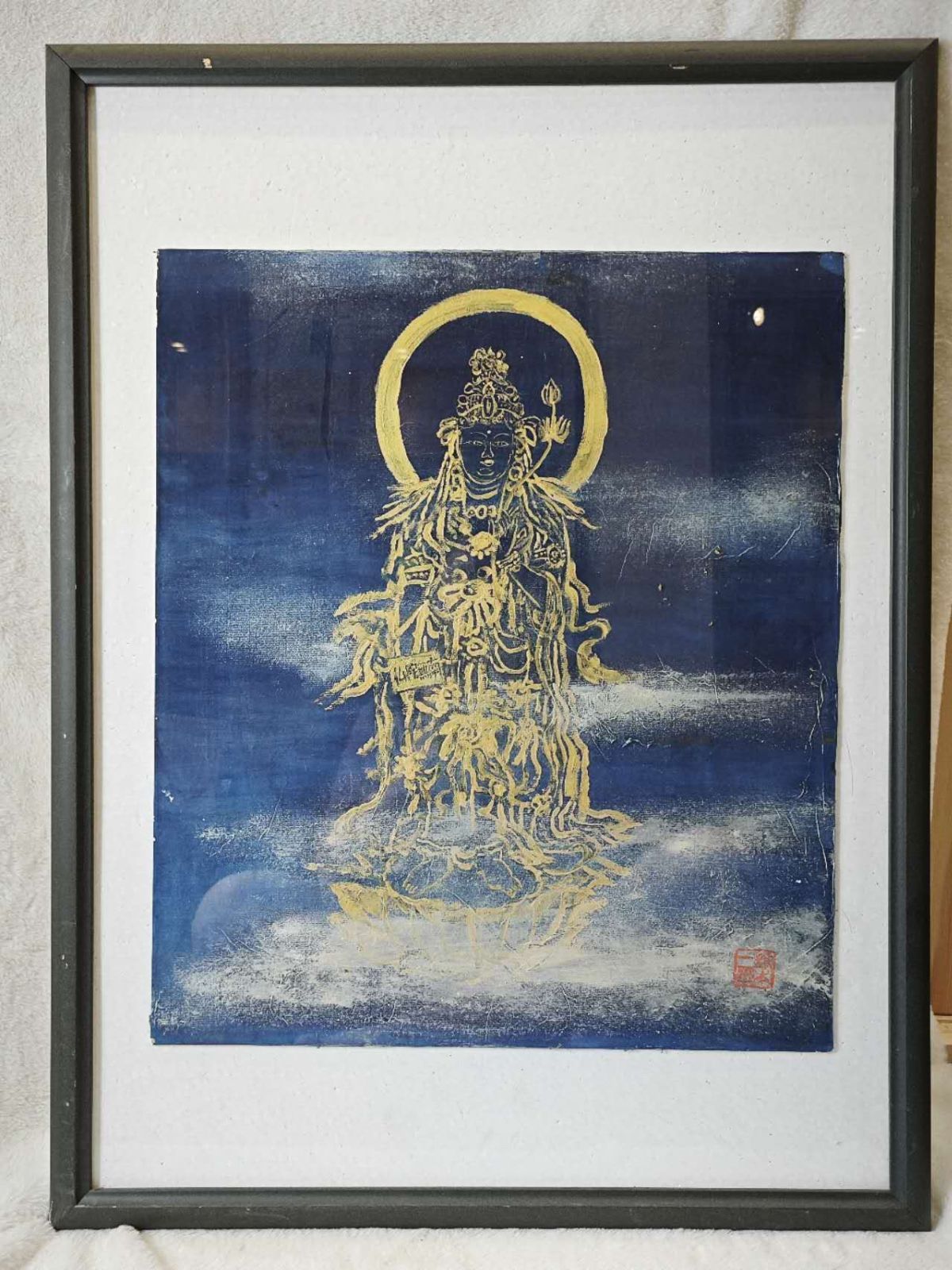 金泥仏画 紺紙金彩 聖観音菩薩像 密教美術 荘厳額装