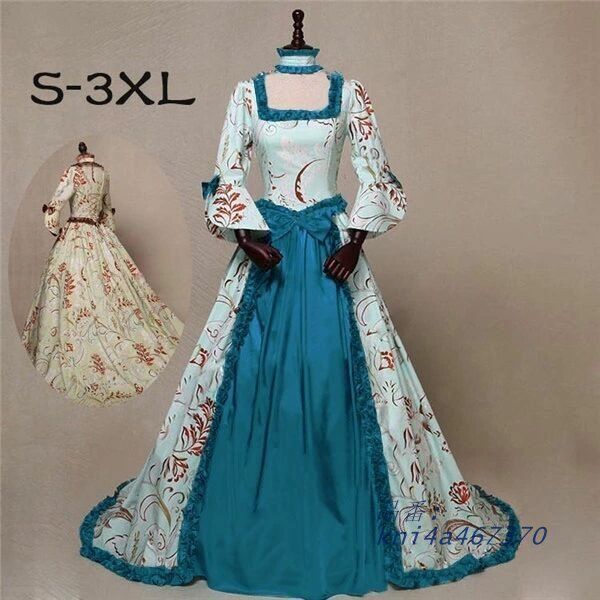 ロングドレス トレーンドレス 宮廷服ドレス 中世ヨーロッパ ゴシック ビクトリア調 リボン 花柄 文化祭 アンブレラスリーブ ボリューム 学園祭 フリル kni4a467370