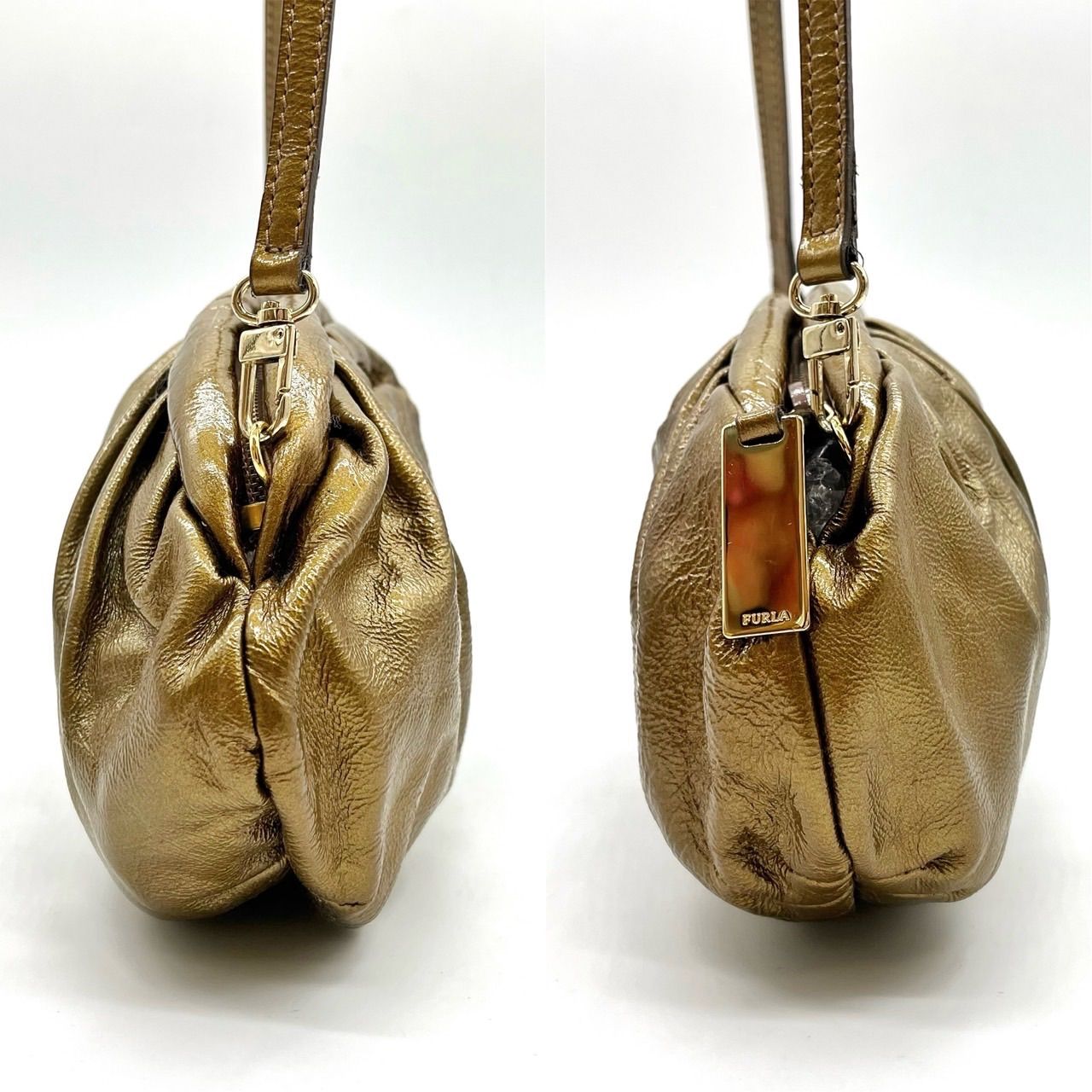 良品】 FURLA フルラ ハンドバッグ パーティバッグ ギャザー レザー 革 