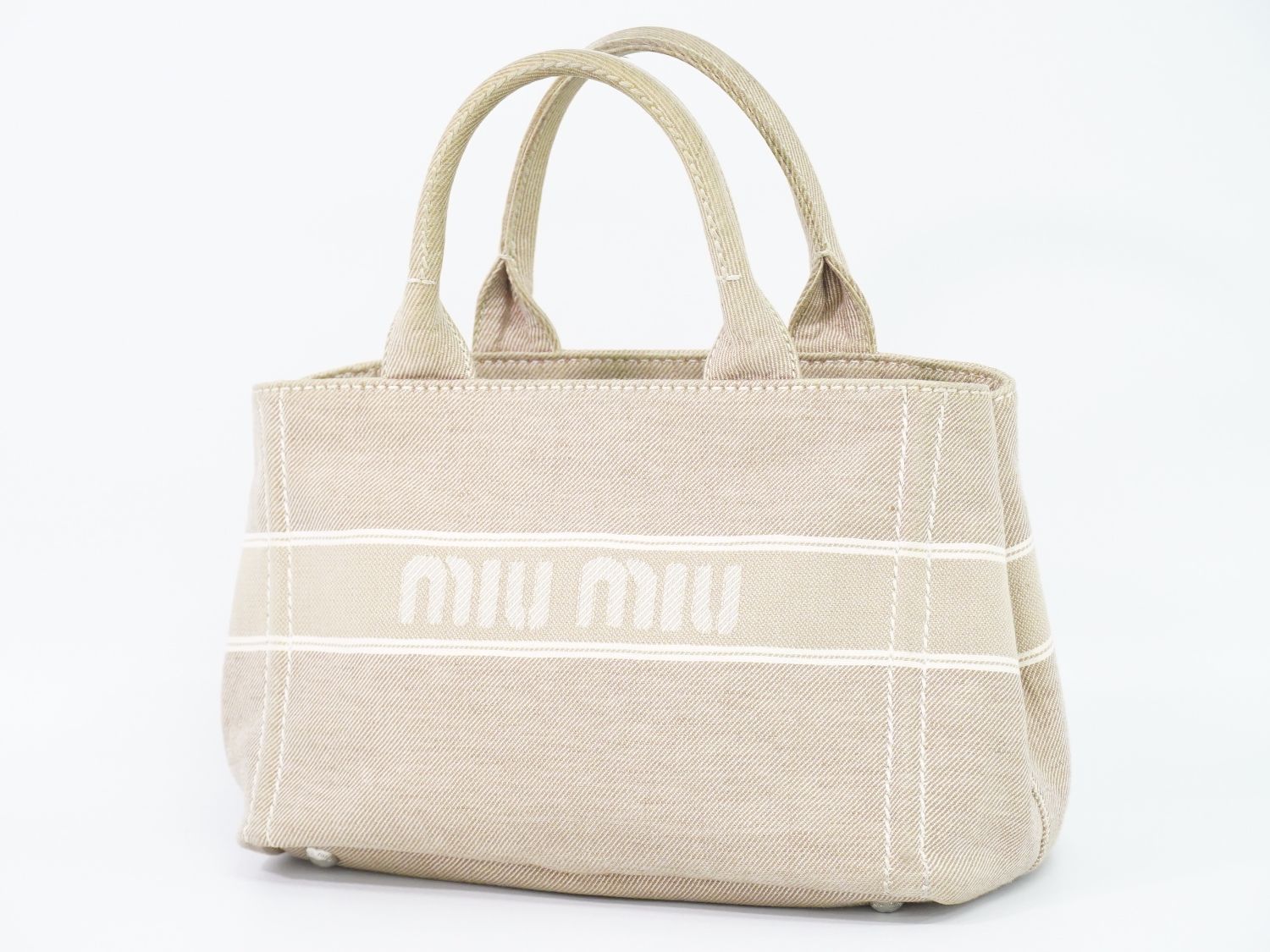 MIU MIU トートバッグ ベージュ キャンバス 中古・古着通販】MIU MIU (ミュウミュウ) ロゴキャンバストート