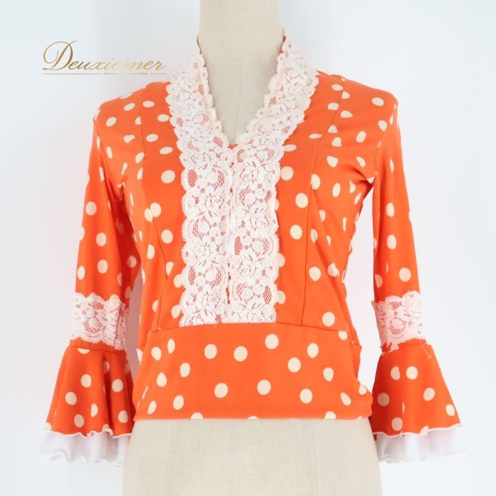 フラメンコ 衣装 トップス ブラウス ドット 水玉 フリル レース オレンジ系 ホワイト系 DOSE del Flamenco ドセデルフラメンコ 伸縮 ストレッチ フラメンコ衣装 おしゃれ かわいい レディース カジュアル パーティー ダンス衣装 LLC-HASEGAWATOSO_COM