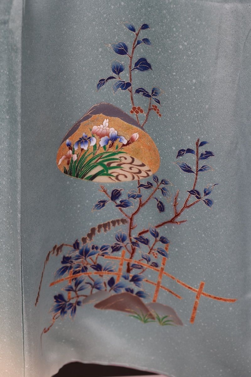 訪問着 ブルーグレー ゴールド 紫 グリーン 白 茶 貝合わせ 花 波 T514  