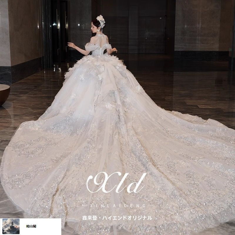 送料無料 浅蕊 一字肩 感漂う プリンセスライン ウェディングドレス 重工ビジューデザイン 大トレーン-8.17LYC680夏の新生活