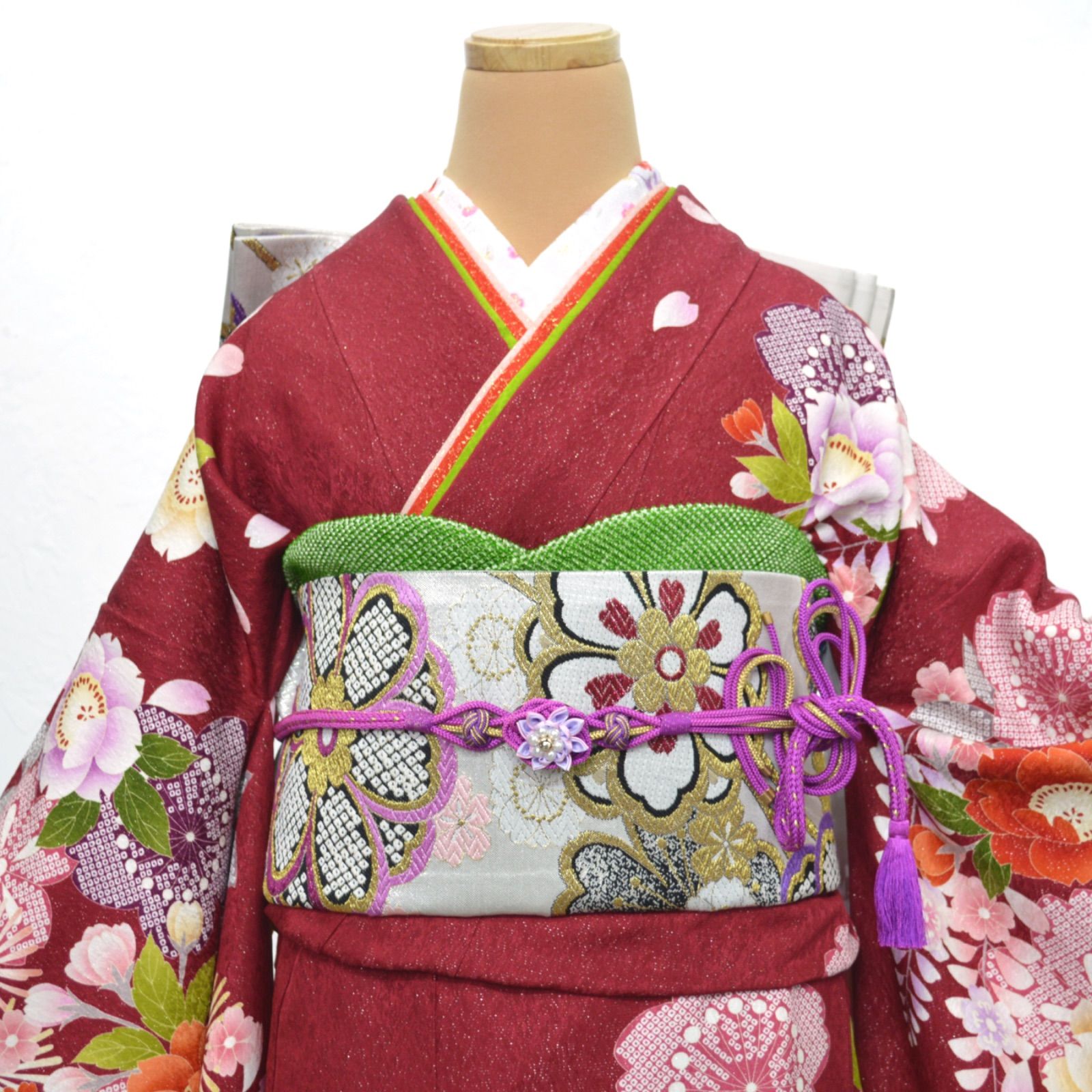 即日発送】《美品》正絹 振袖フルセット L〜LLサイズ 成人式 桜 深赤地