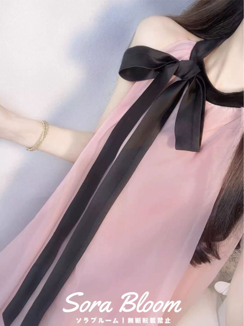 ミニ丈ゆったりAラインシフォンワンピース　サテンリボンがアクセント 新品未使用ミニ丈ゆったりAラインシフォンワンピース サテン