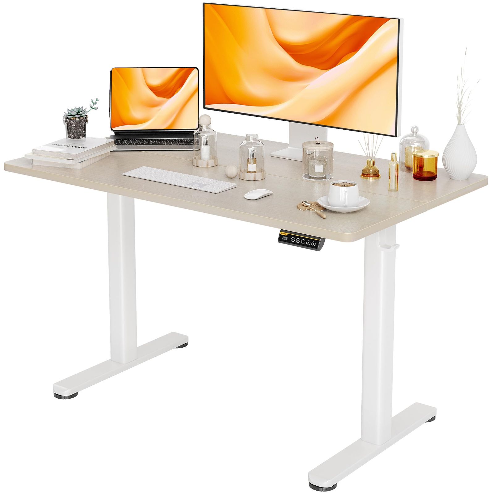 昇降デスク 電動 スタンディングデスク 昇降式 テーブル 幅120cm*奥行き60cm テレワーク Claiks オフィスデスク 在宅ワーク パソコンデスク 高さ調節 メモリー機能 ホワイトフレーム|ナチュラル天板