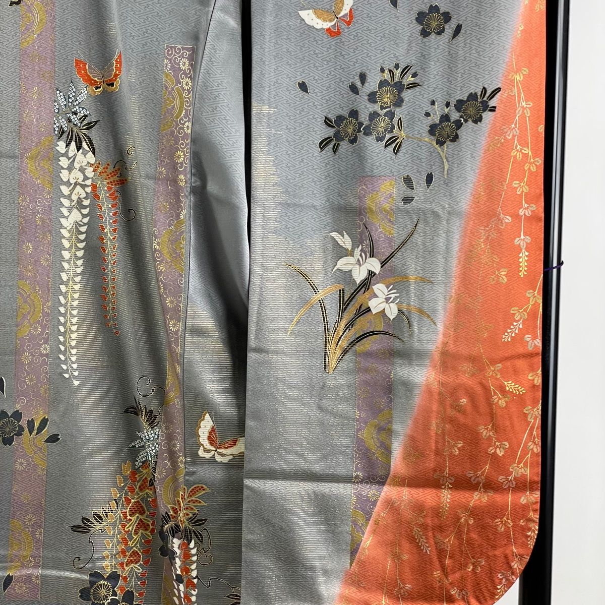 買取 横浜 振袖 秀品 袋帯フルセット 蝶 桜 金糸 金銀彩 鼠色 袷 身丈