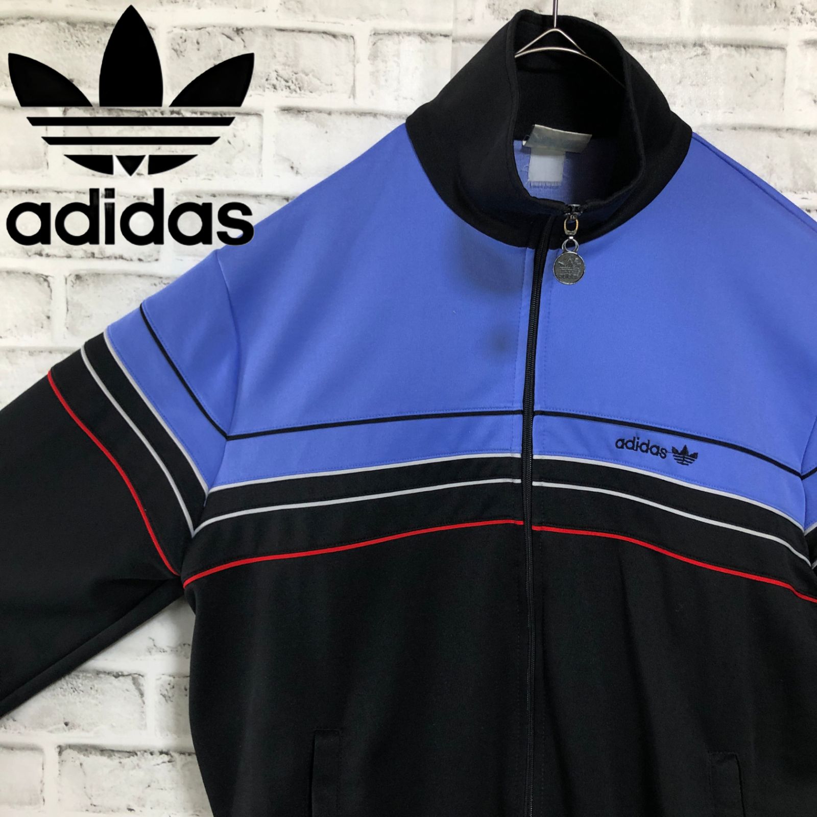 80s⭐️adidasトラックジャケット M 刺繍トレファイルvintage 黒青 80s⭐️adidasトラックジャケット/ジャージ M 刺繍トレファイル