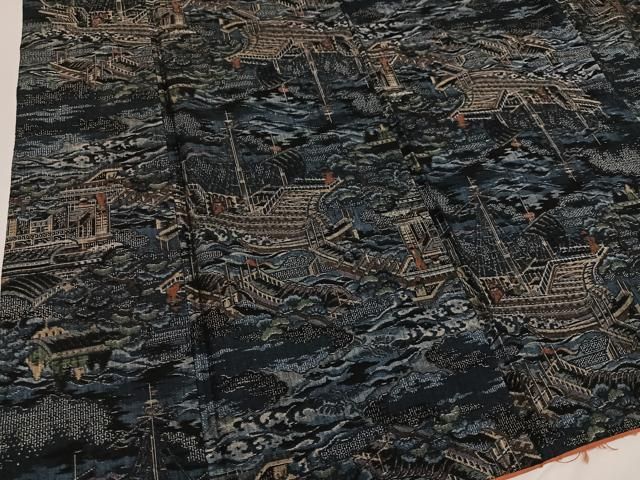 平和屋着物○本真綿結城紬 人物風景文 南蛮船 正絹 逸品 AAAY5604ph  