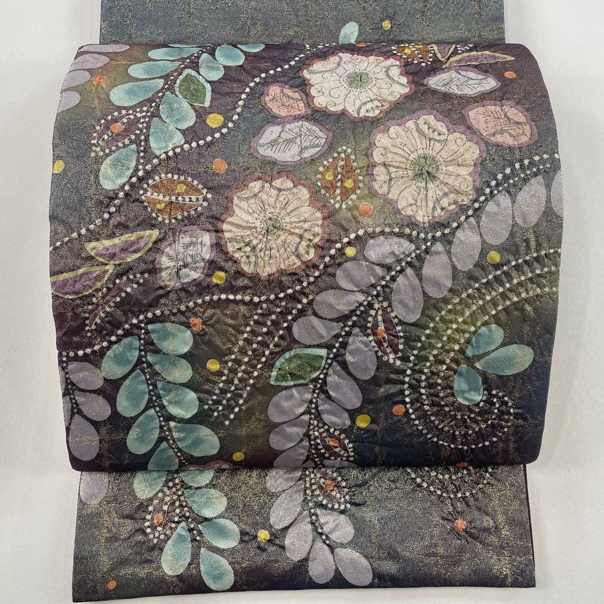 袋帯 美品 名品 落款 辻が花 箔 灰紫 お太鼓柄 正絹 【中古