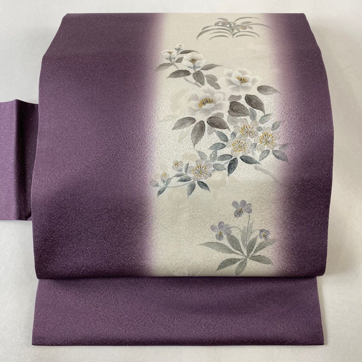 名古屋帯 美品 逸品 桜 枝花 銀通し 金彩 紫 正絹 【中古