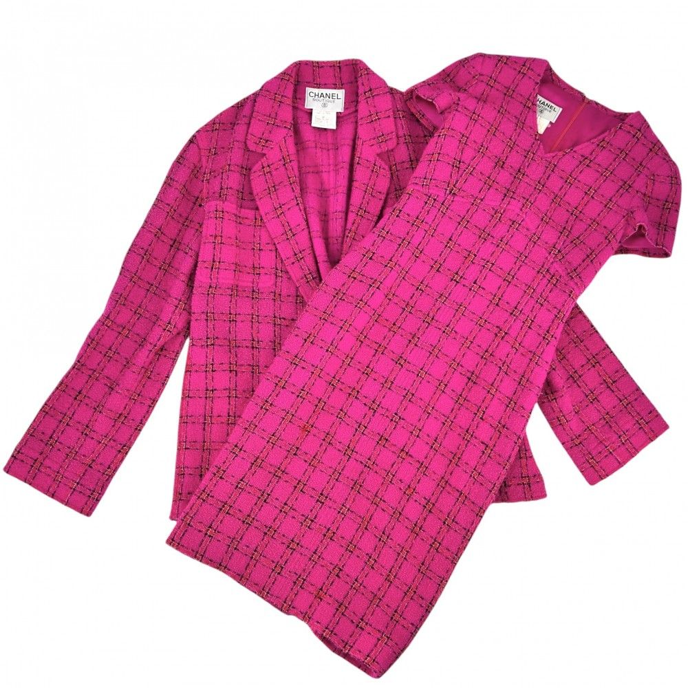 シャネル セットアップ レディース ツイード ジャケット 半袖ワンピース ヴィンテージ アパレル 服 CHANEL 36 ピンク ウール レーヨン コットン ナイロン 春 秋 1995年