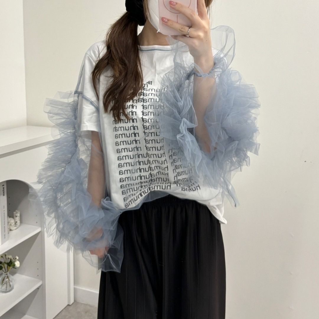 MIMIMEMETE デコフリルスリーブ チュールブラウス　トップス　結婚式 MIMIMEMETE（ミミメメット）の「【日常にもオケージョンにも