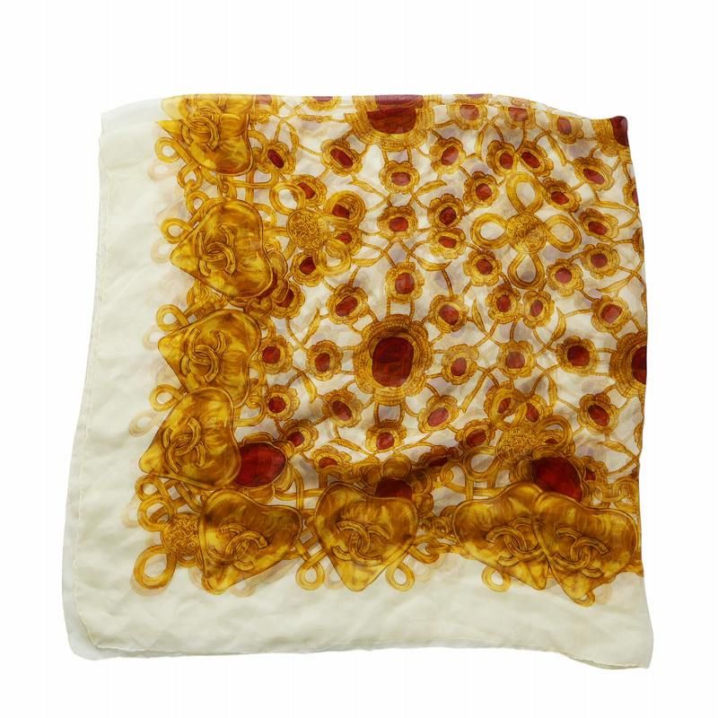 CHANEL レア ヴィンテージ 大判 シルクスカーフ 宝石柄 94cm CHANEL シャネル 宝石柄 スカーフ シルク 茶系 ヴィンテージ シャネル