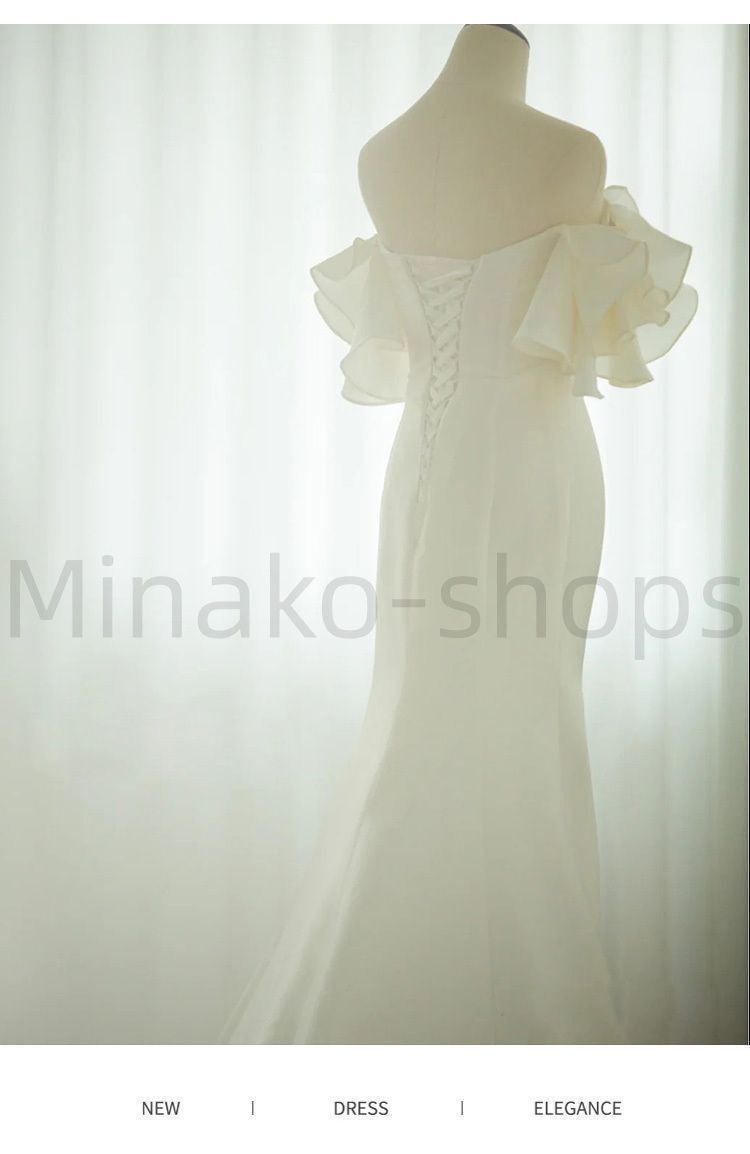 新しい ウェディングドレス オフショル 上品 サテン フリル GULLKHAN_COM