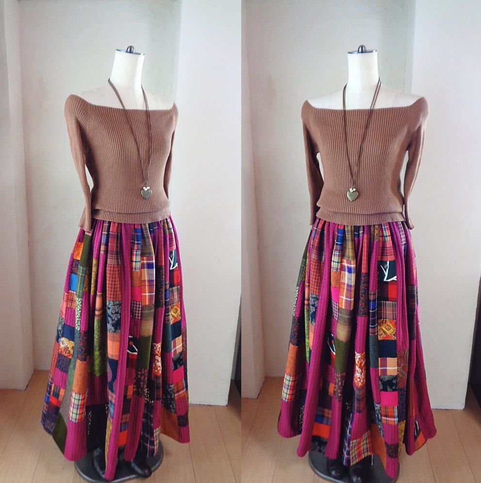 絵画なパッチワーク Heart マゼンタピンク ボリュームギャザースカート マキシ丈