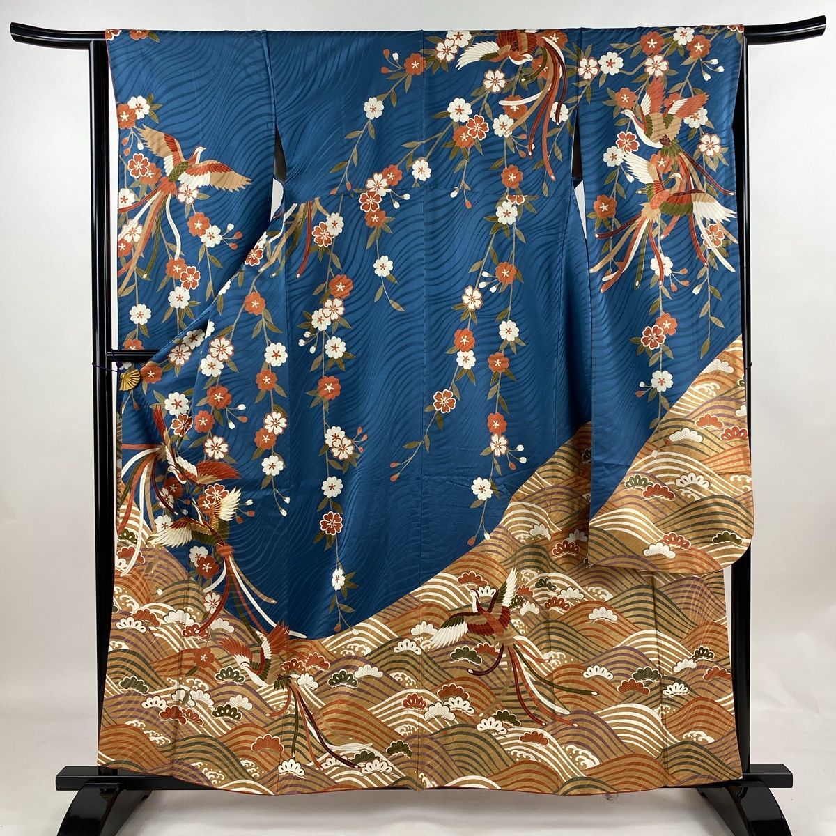 振袖 身丈158.5cm 裄丈64cm M 袷 尾長鳥 枝垂れ桜 金糸 金彩 青